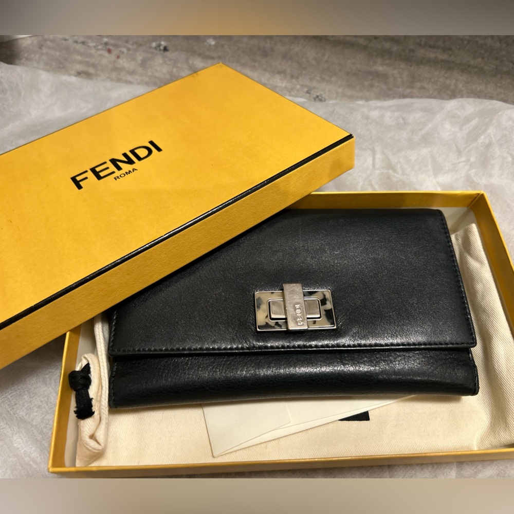 Fendi Black Leather Clutch with Silver Accent